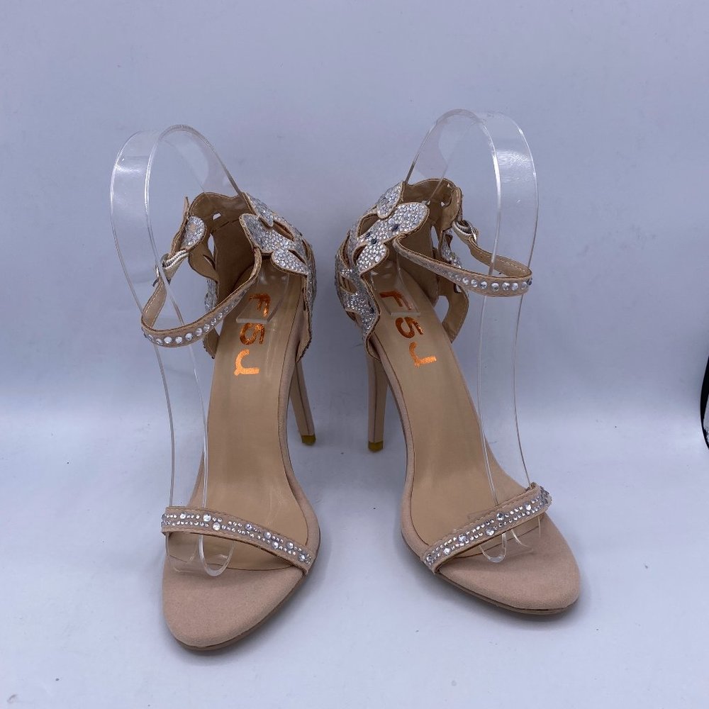FSJ Nude Rhinestone Stiletto Heels Bridal Sandals - Picture 2 of 15